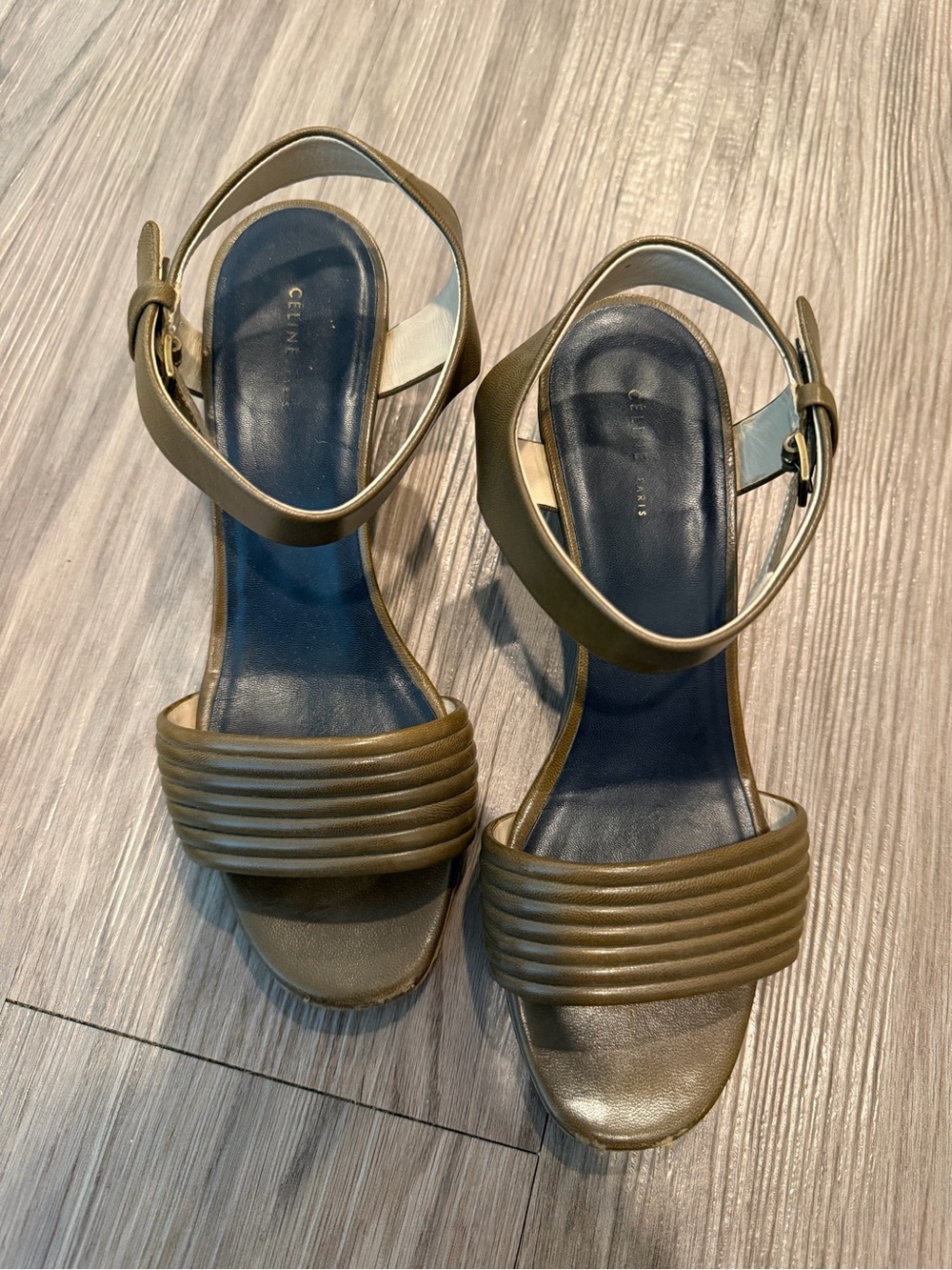 Celine Olive Green Ankle-Strap Sandals with Navy Insole
